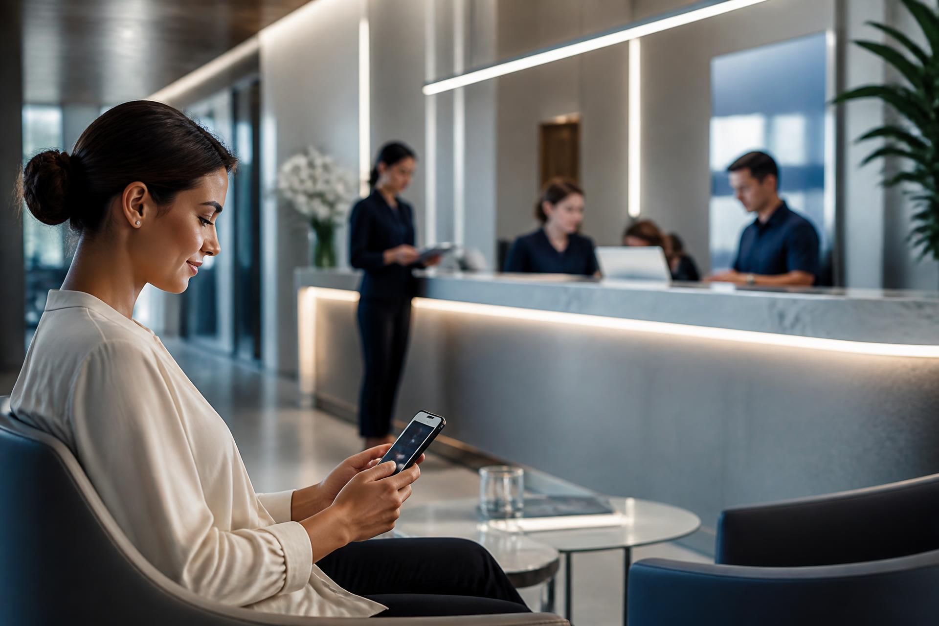 Recepção moderna de clínica com paciente utilizando celular